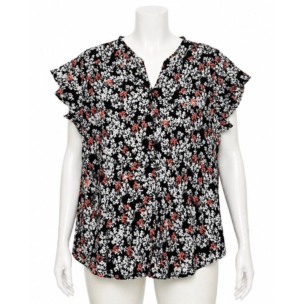 Liz Claiborne XXL Black Floral Button Front Blouse Flutter Sleeve Top